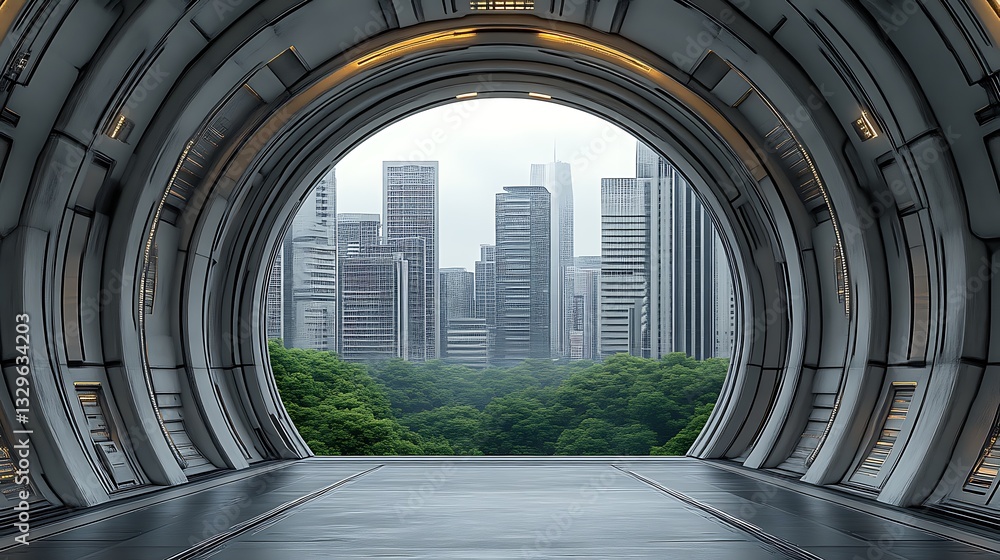 Obraz premium Futuristic Corridor Window Cityscape View