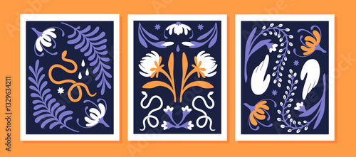 Set of mystic posters with abstract flowers and occult snakes. Wildflowers, plants with curved leaves on pictures. Home decor, dark floral wall art, interior decoration. Flat vector illustrations
