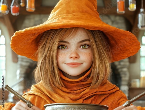 Smiling Girl in Orange Robe Stirring Cauldron in Rustic Kitchen