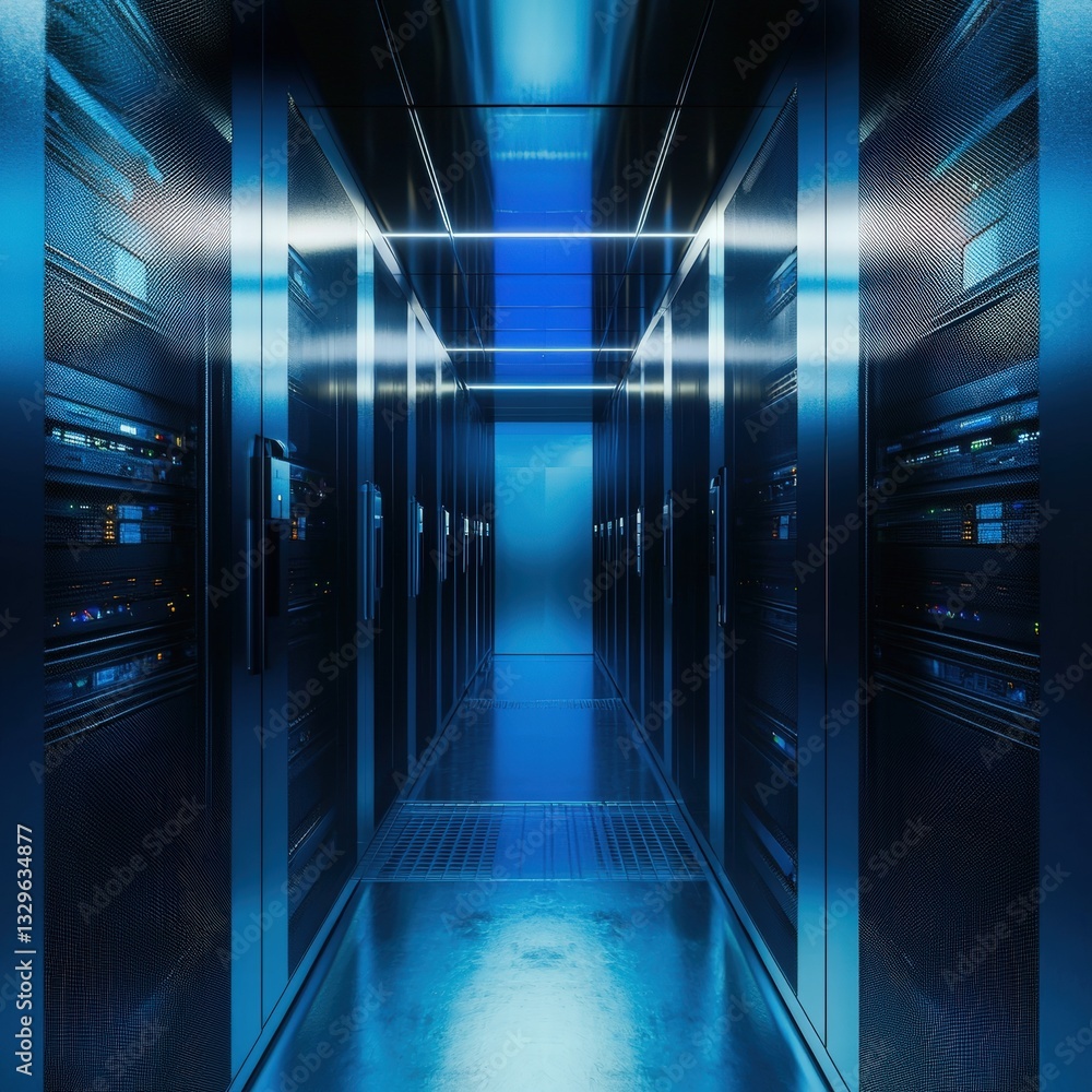 Fototapeta premium Advanced server room with rows of servers and high-tech equipment for data management and storage solutions