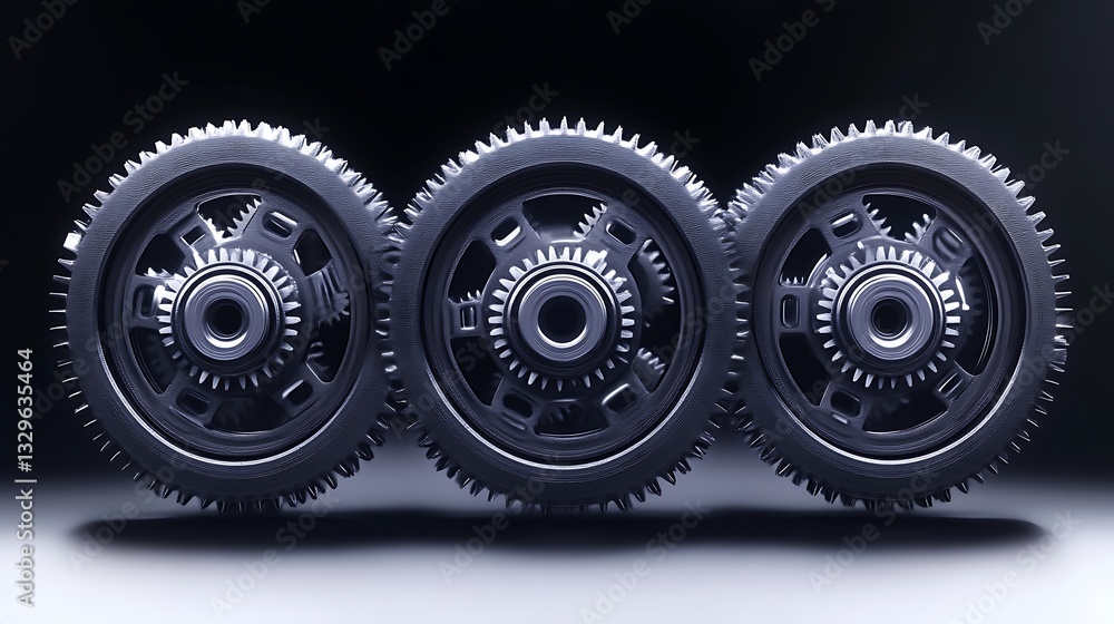 Three Interlocking Metal Gears Rotating Seamlessly Three Interlocking Metal Gears Rotating Seamlessly