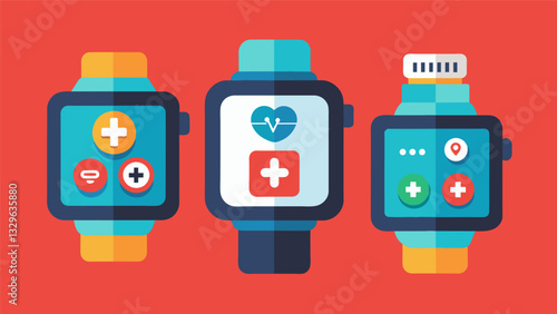 A showcase of smart watches that have features like emergency call buttons and medication reminders.. Vector illustration