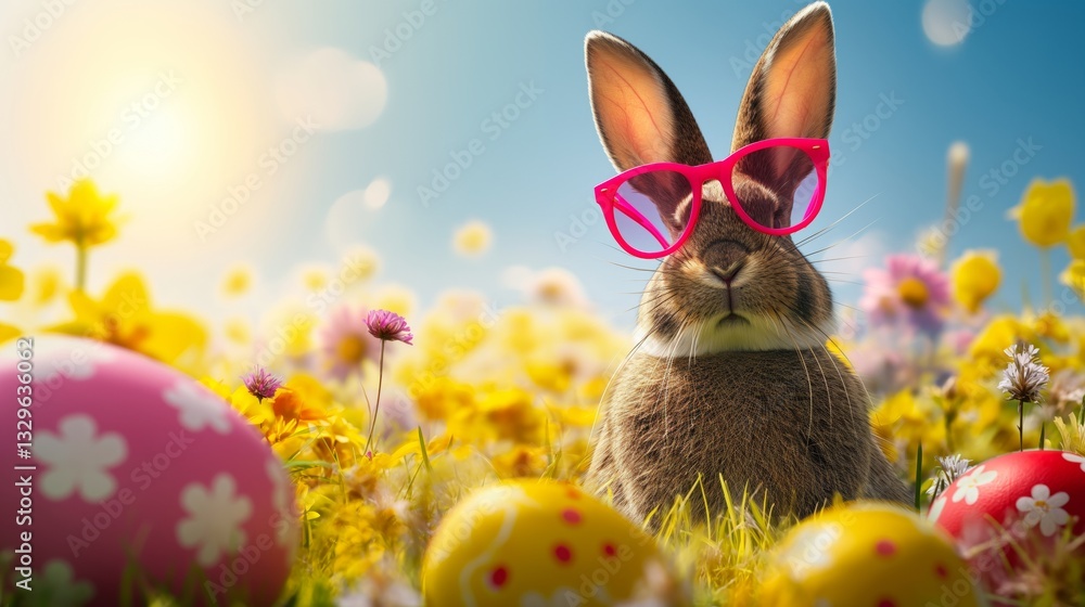 funny Easter bunny with sunglasses and colourful Easter eggs sits in the grass
