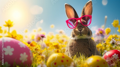 Obraz na płótnie funny Easter bunny with sunglasses and colourful Easter eggs sits in the grass w salonie