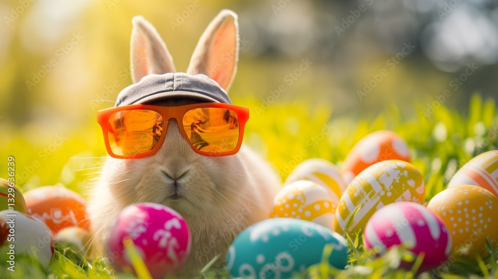 funny Easter bunny with sunglasses and cap sits in the grass with colourful Easter eggs