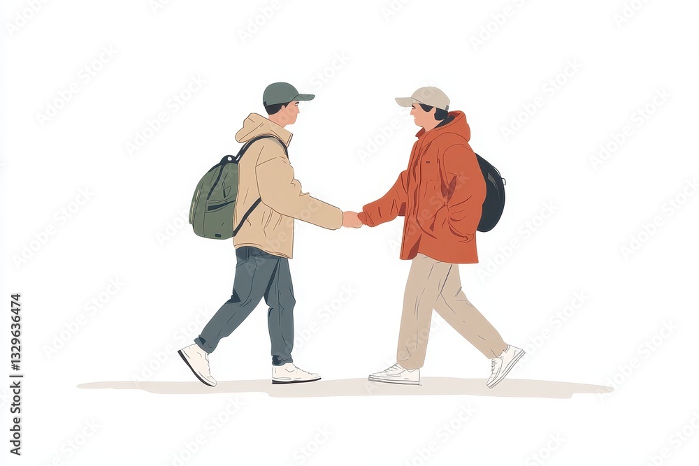 Obraz premium Two Friends Shaking Hands in Casual Street Fashion Illustration