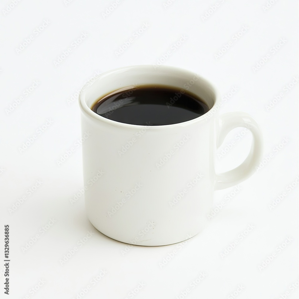 Simple white mug of black coffee on white background; breakfast beverage Simple white mug of black coffee on white background; breakfast beverage