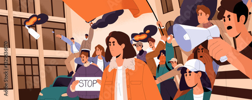 Angry people do riots during picket against smth. Crowd of resistance activists with megaphone is at demonstration, meeting of fight for equality rights. Revolution concept. Flat vector illustration