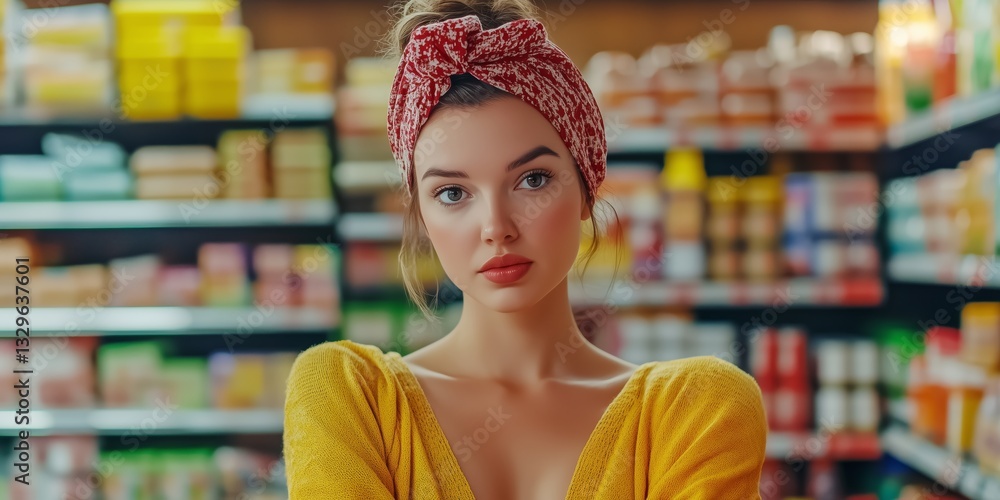 A woman is shopping in a supermarket with lots of goods on the shelves