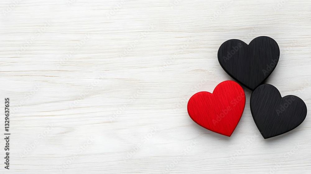 Fototapeta premium Red and black hearts on a white wooden background