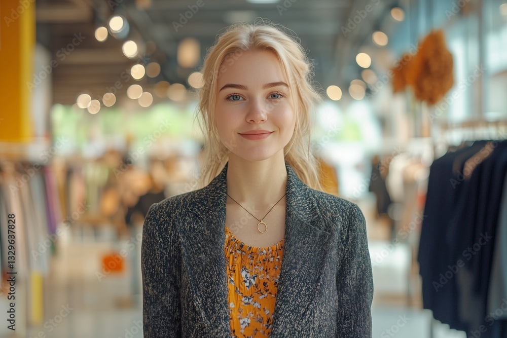 a friendly and attractive saleswoman in a clothing store and boutique