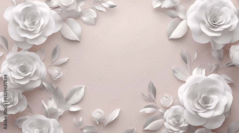 Elegant white paper flowers and leaves arranged against a light backdrop Elegant white paper flowers and leaves arranged against a light backdrop