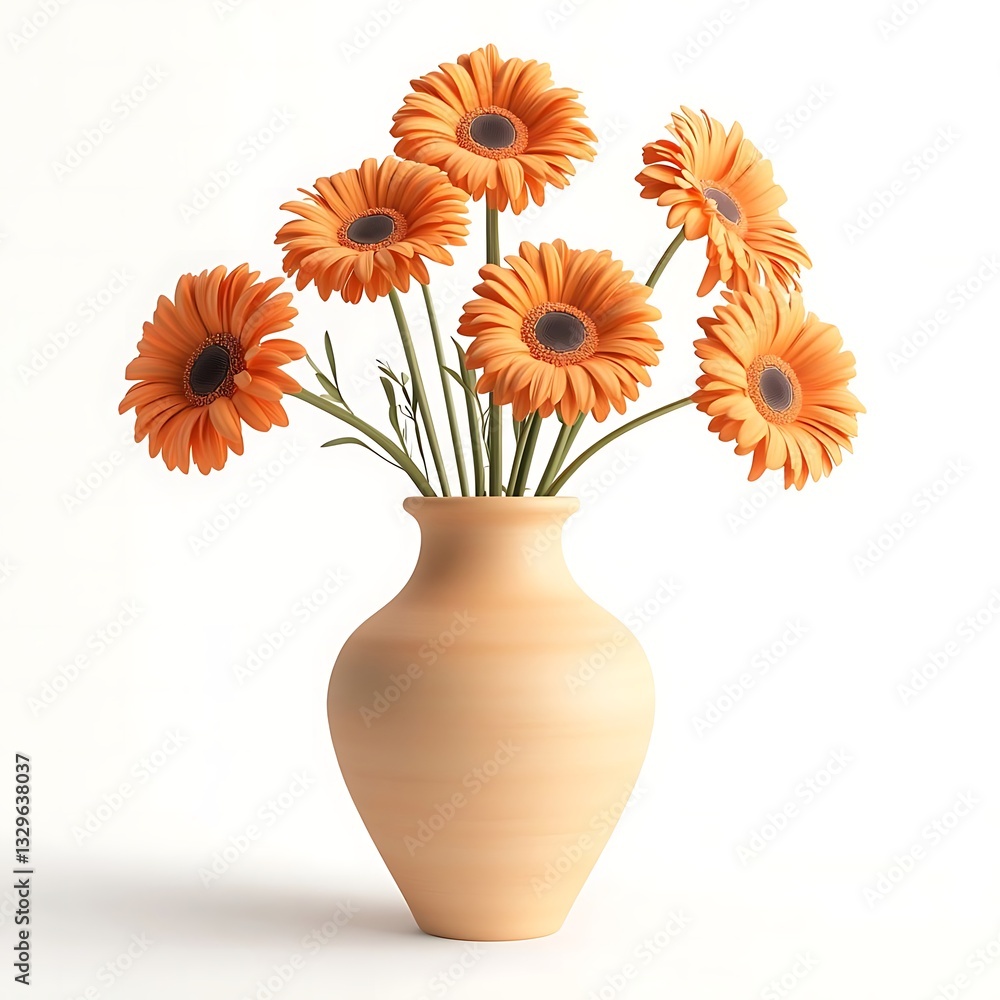 A ceramic vase holds vibrant orange gerbera daisies against a white background, showcasing high-resolution, photorealistic details with soft shadows and a bokeh effect. A ceramic vase holds vibrant orange gerbera daisies against a white background, showcasing high-resolution, photorealistic details with soft shadows and a bokeh effect.