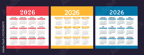 English calendar 2026 year set. Square vector pocket or wall calender design template bundle. Week starts on Sunday