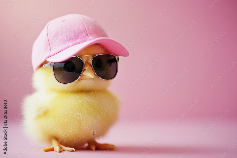 cute young fluffy Easter chick baby with cap and sunglasses