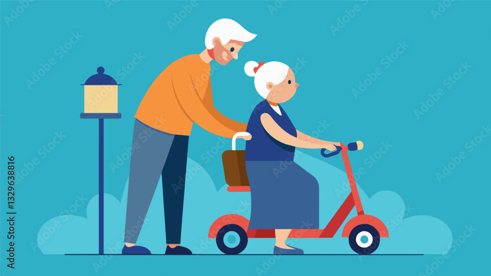 A kindhearted senior citizen lending his scooter to a tired young mother making her day a little easier.. Vector illustration A kindhearted senior citizen lending his scooter to a tired young mother making her day a little easier.. Vector illustration