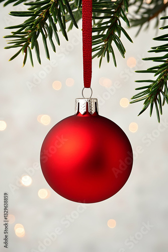 Red Christmas ornament hanging from a pine branch