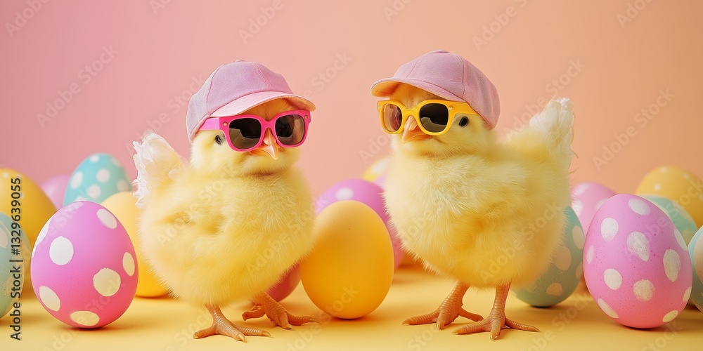 cute young fluffy Easter chick baby with cap and sunglasses