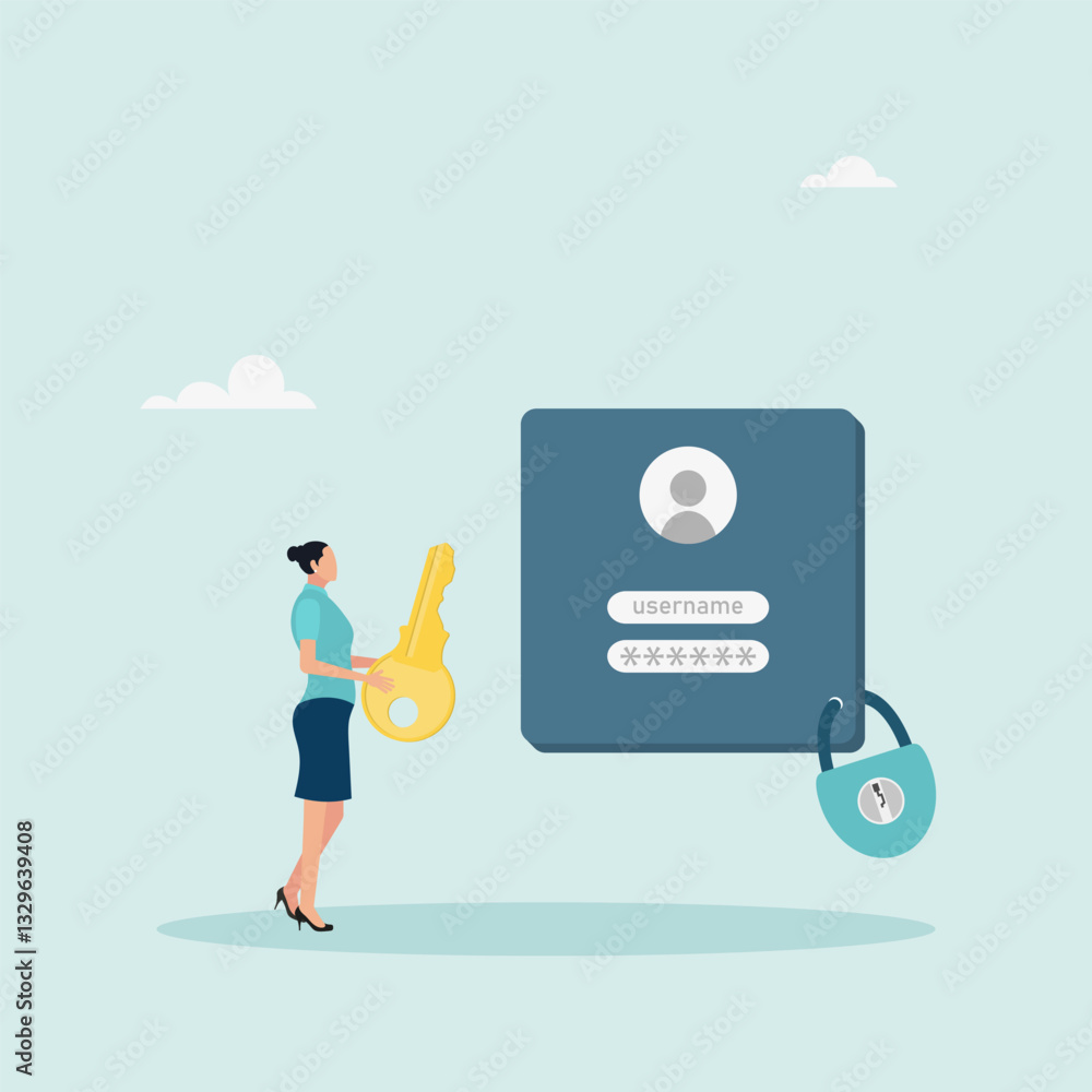 Strong password for cybersecurity, high account protection. Data confidentiality, locking key. Vector illustration. Strong password for cybersecurity, high account protection. Data confidentiality, locking key. Vector illustration.