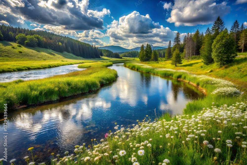 Serene Mountain River Reflecting A Vibrant Summer Sky, Flowing Peacefully Through A Meadow Bursting With Wildflowers Under A Brilliant Sun Serene Mountain River Reflecting A Vibrant Summer Sky, Flowing Peacefully Through A Meadow Bursting With Wildflowers Under A Brilliant Sun
