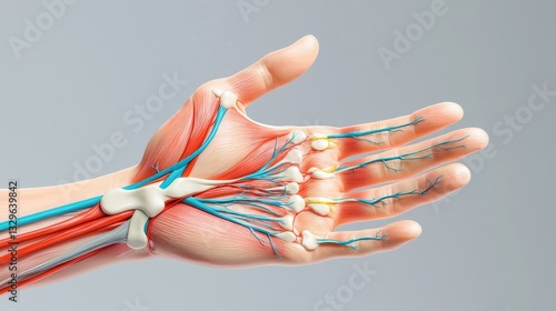 Detailed Illustration of Human Hand Anatomy with Nerves and Vessels