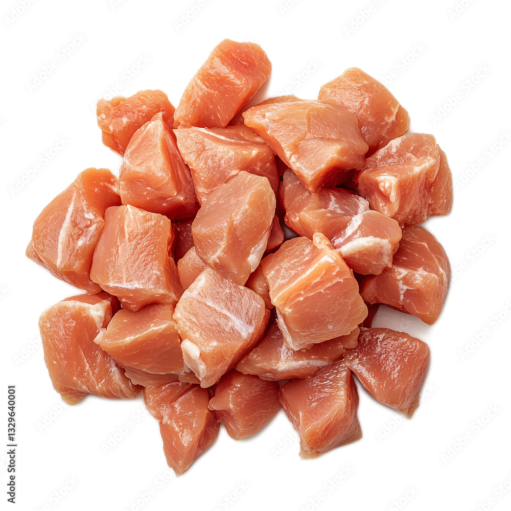 A close-up shot showcasing raw cubed meat, freshly cut and ready for meal preparation. A close-up shot showcasing raw cubed meat, freshly cut and ready for meal preparation.
