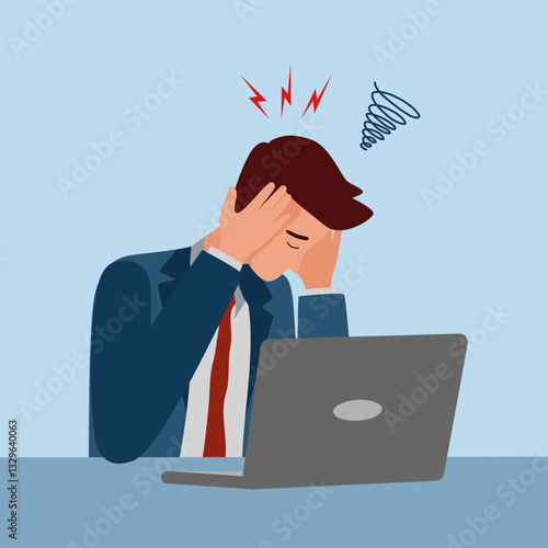 Tired sick man at work. Exhausted overworked employee at office desk. Concept of burnout and overload. Colored flat vector illustration of fatigue manager with headache isolated on white background