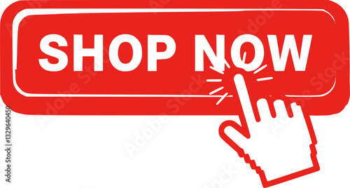 Shop now red button with hand cursor. Buy now hand pointer clicking. Click here banner with shadow. Click button isolated. Online shopping. Vector illustration.