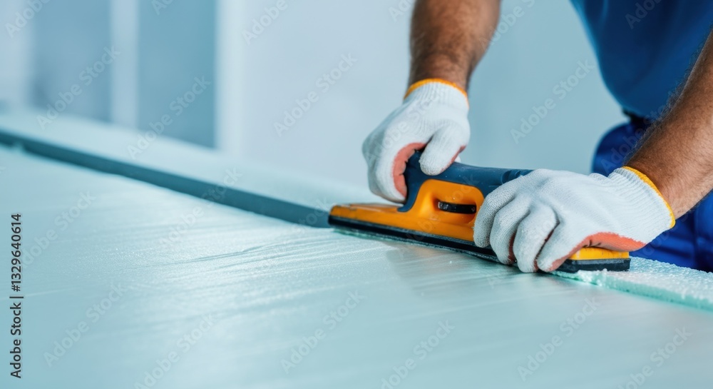 Male worker smoothing foam panel with hand tool in construction setting Male worker smoothing foam panel with hand tool in construction setting