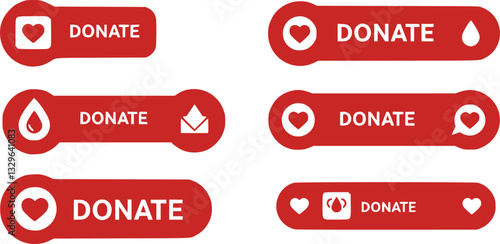 Donate web button. Set red buttons with heart. Symbol of financial aid isolated on white background. Vector illustration.
