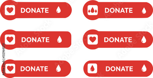 Donate web button. Set red buttons with heart. Symbol of financial aid isolated on white background. Vector illustration.
