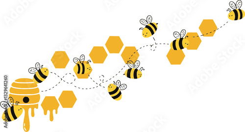 Bee on honeycomb icon set. Flying bee route. Honeybee animal in flat style. Flow honey with bumblebee. Natural food. Vector illustration.
