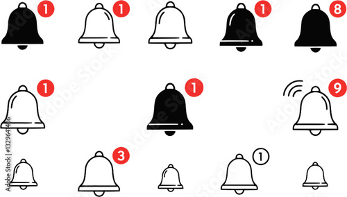 Notification bell icon. Alarm symbol. Notice message. Set of ringing bells with new notification. Vector illustration.
