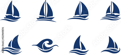 Sea sailing boat in the blue ocean. Marine ship with sail in sea waves icon collection. Sailboats design company logotype. Vector illustration.
