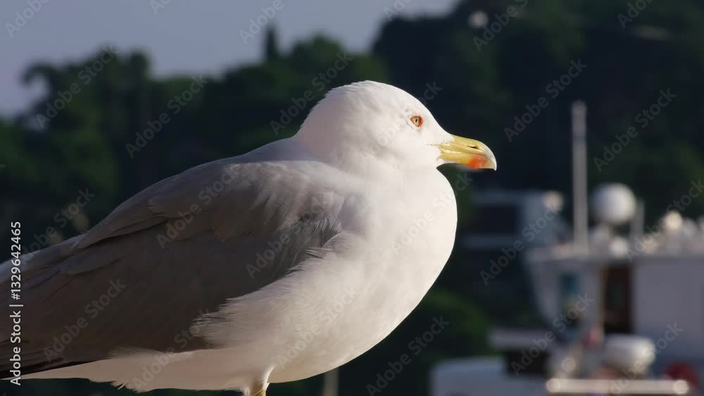 Close-up portrait of a seagull. Grumpy bird looking around in afternoon sunshine. Close-up portrait of a seagull. Grumpy bird looking around in afternoon sunshine.