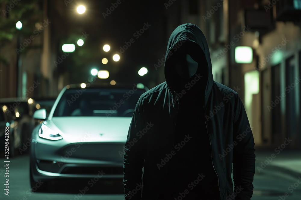Mysterious figure stands before a parked electric vehicle on a dimly lit urban street at night Mysterious figure stands before a parked electric vehicle on a dimly lit urban street at night