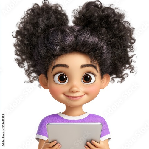 Smiling Girl with Curly Hair Using a Tablet 3D Rendered Illustration