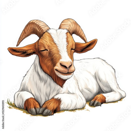 Smiling Goat Resting on Grass Detailed Illustration