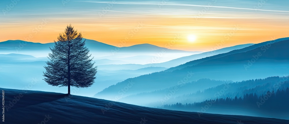 Serene Sunrise Over Misty Mountains: A Lonely Tree's Solitude Serene Sunrise Over Misty Mountains: A Lonely Tree's Solitude
