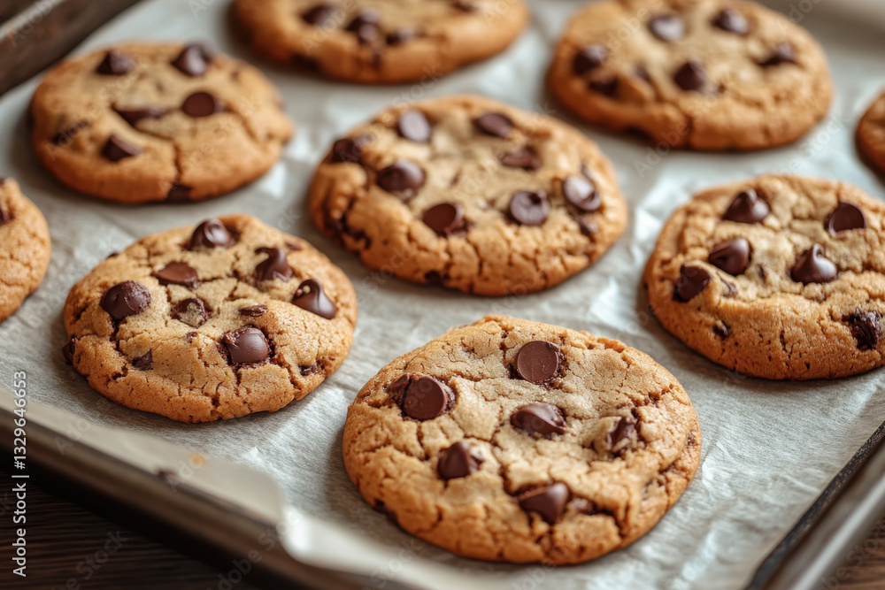 Chocolate chip cookies on a baking sheet next to a wire cooling rack on a kitchen counter. Chocolate chip cookies on a baking sheet next to a wire cooling rack on a kitchen counter.