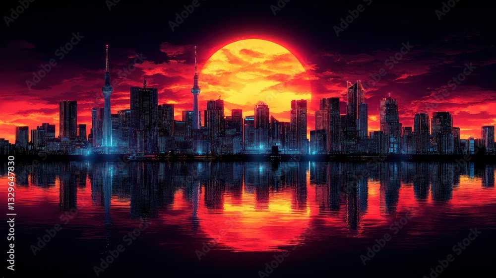 Fototapeta premium Fiery city skyline reflected in still water at sunset