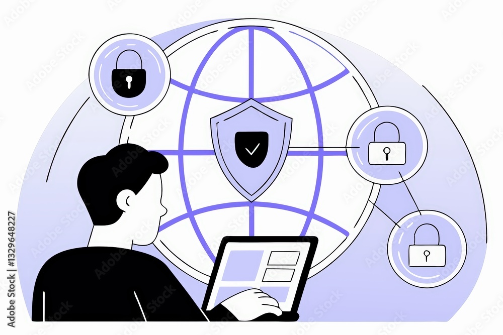 A person working on a laptop with a focus on cybersecurity, illustrated with shields and locks around a globe, emphasizing digital security and protection.