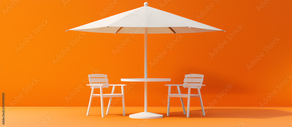 Fototapeta premium Białe meble ogrodowe z parasolem na tle intensywnie pomarańczowej ściany, minimalistyczna aranżacja letnia