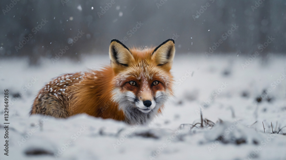 This image features a red fox in a snowy landscape. The fox's vibrant orange red fur, with white markings on its face and chest, stands out against the white snow. This image features a red fox in a snowy landscape. The fox's vibrant orange red fur, with white markings on its face and chest, stands out against the white snow.