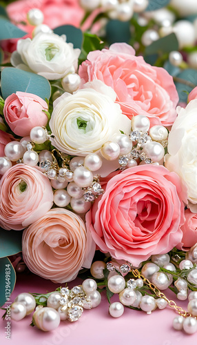 Delicate bouquet of pastel pink and white flowers adorned with pearls