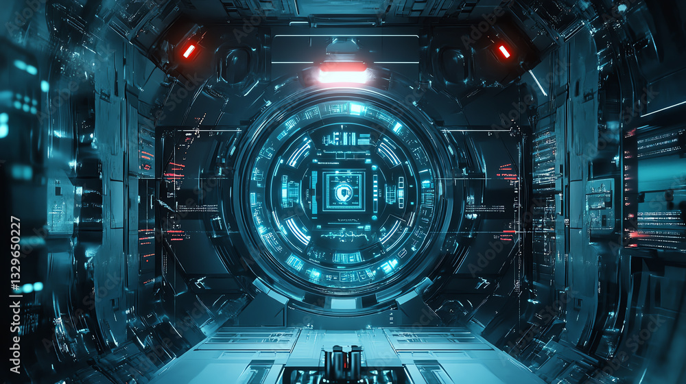 Obraz premium Futuristic tech interior with glowing circuits.