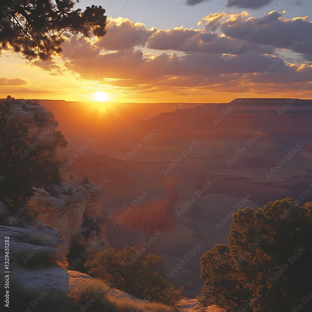 Fototapeta premium Canyon sunset vista, fiery sky, desert landscape, tourism