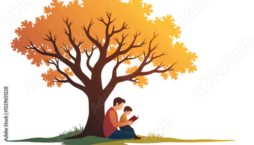 Father reading to child under oak tree, nurturing connection