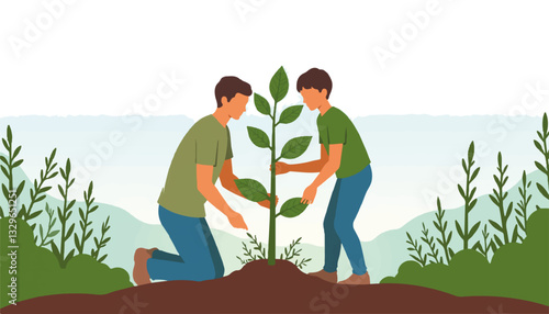 Father and child planting a tree in community garden, environmental stewardship