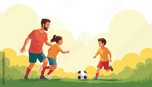 Father and children joyfully playing soccer on grassy field, family fun